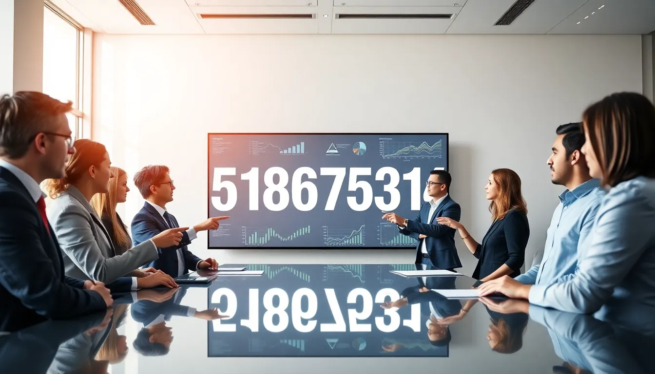 professionals analyzing data in a modern office setting with a digital screen.