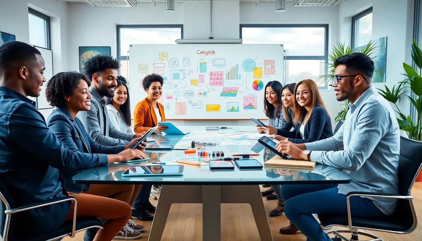 diverse team collaborating around art and technology in a modern workspace.